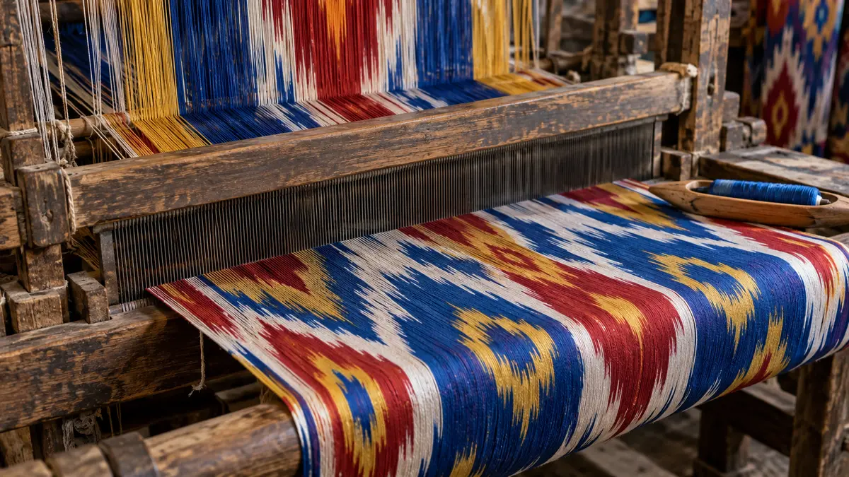 Fergana silk textiles on a wooden loom