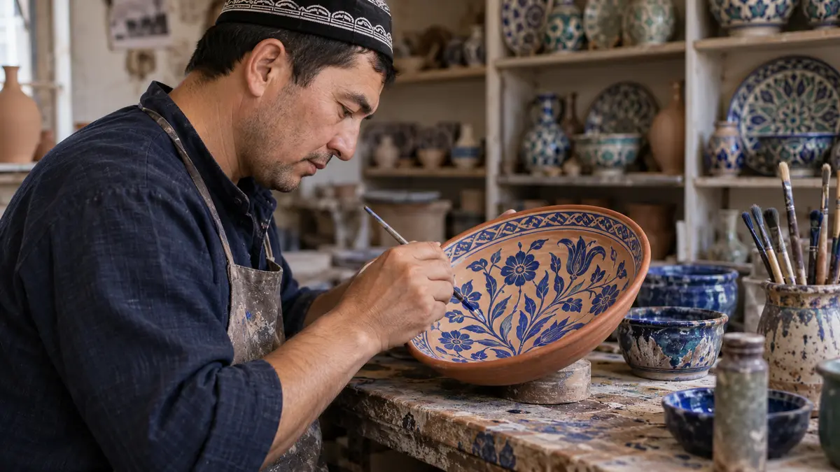 Rishtan potter decorating a ceramic bowl