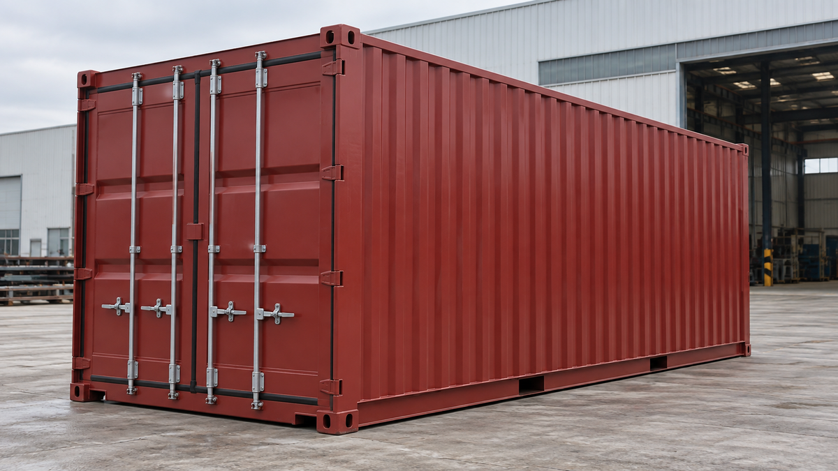 Unbranded red freight container outside an industrial hall