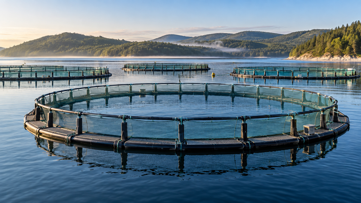 Circular fish-farming pens on calm water beside wooded hills