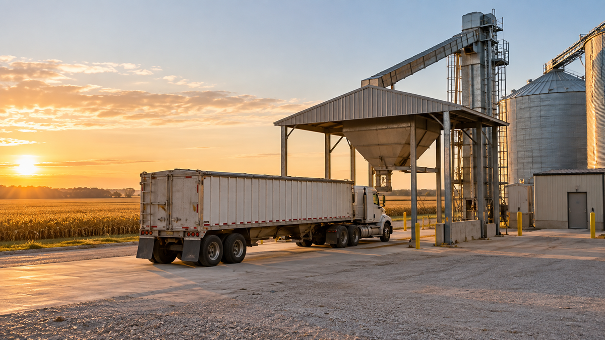 Grain truck waiting beside a receiving hopper