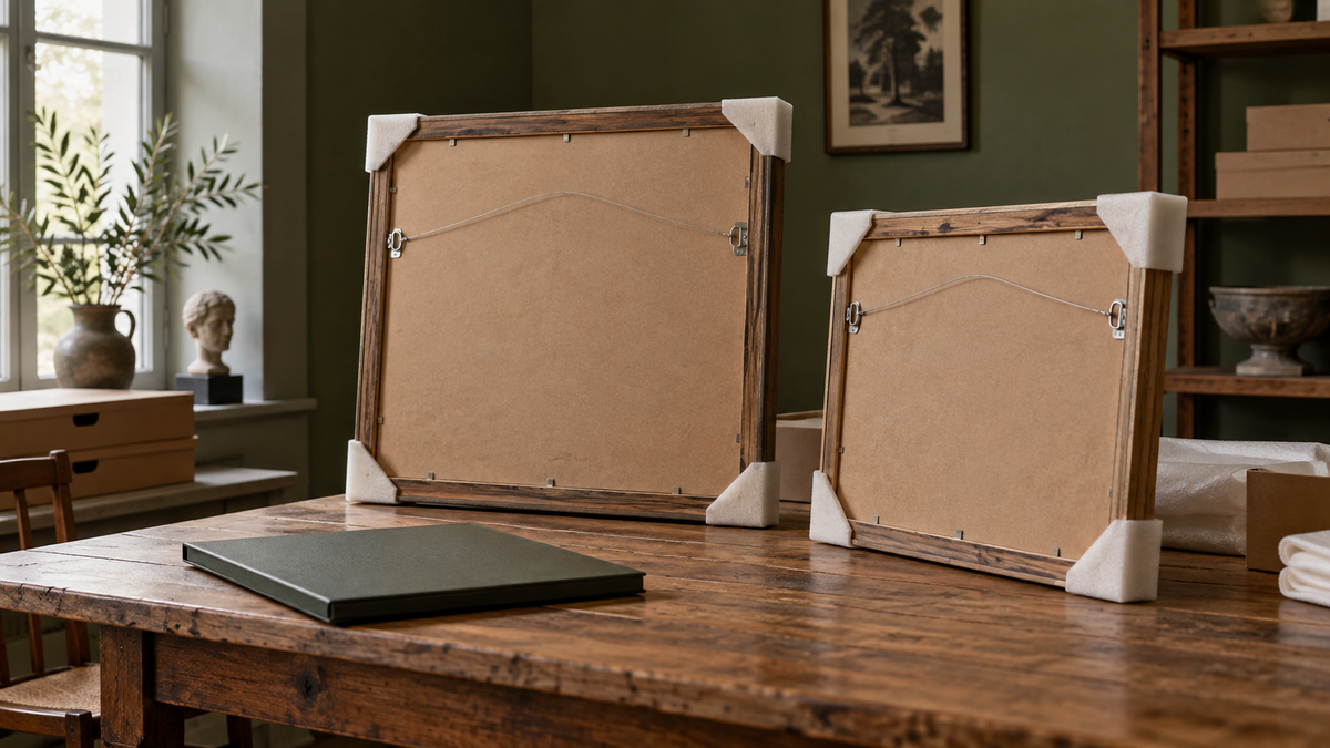 The backs of two protected frames beside a document folder on a cataloguing table