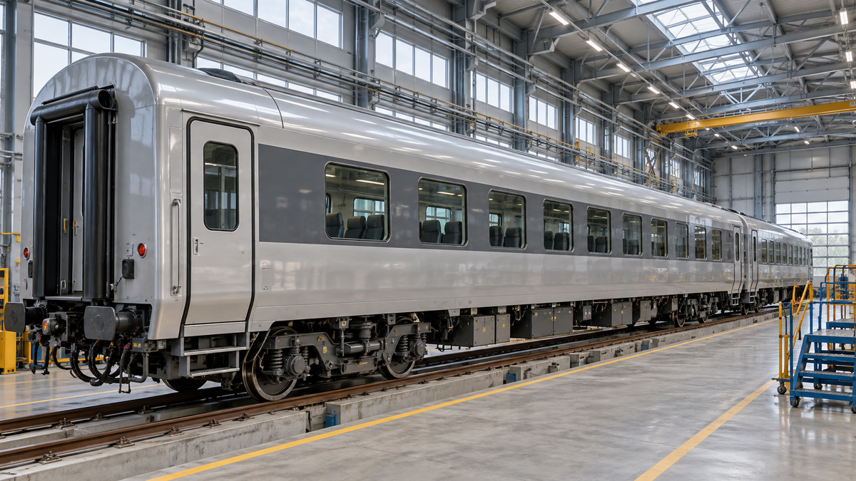 Passenger railcar inside an industrial hall