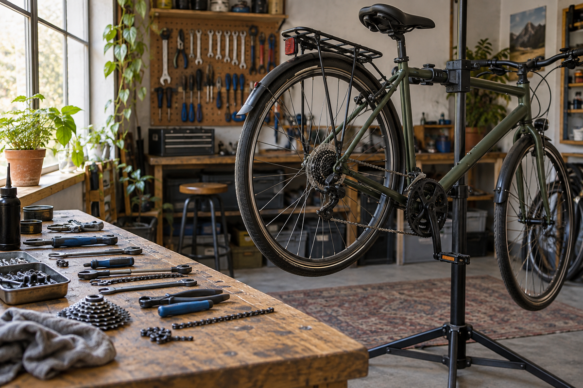 Bicycle on a repair stand beside workshop tools and spare parts