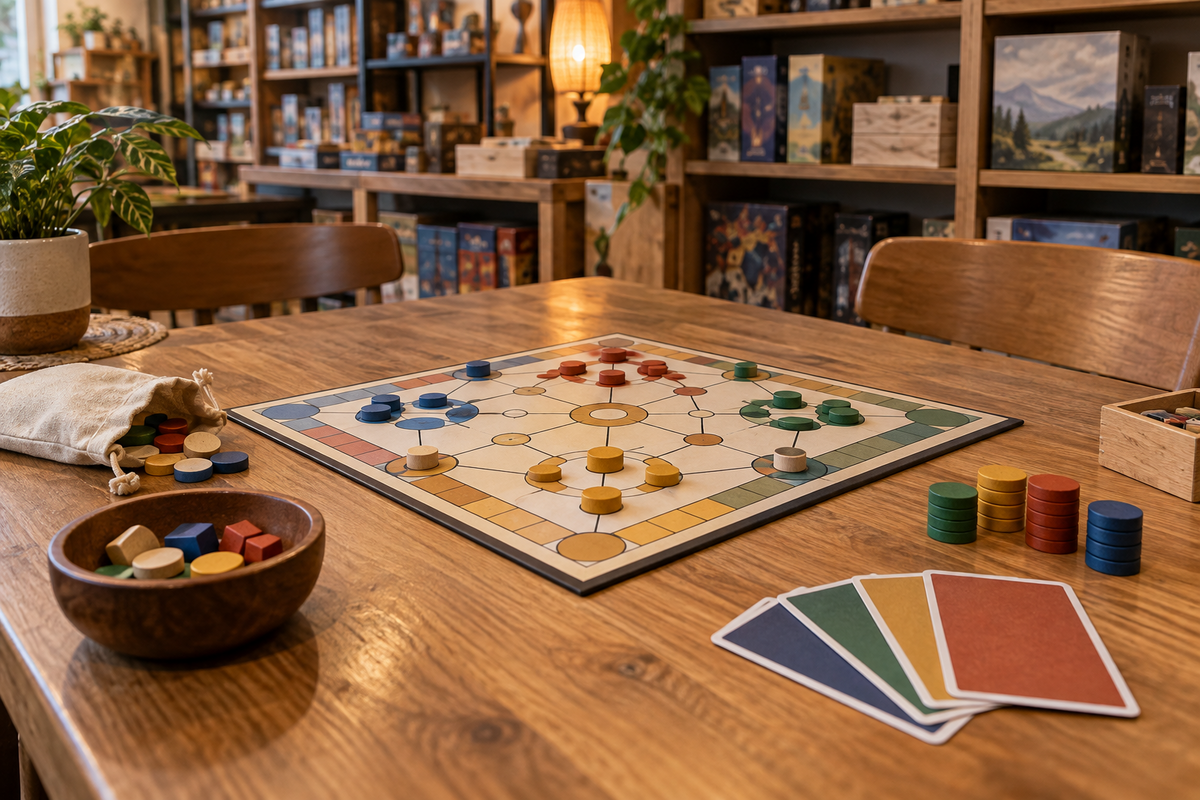 Board, wooden tokens and cards on a shop demonstration table