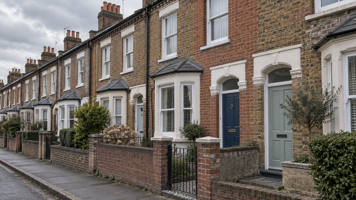 British brick terraced homes beside a pavement
