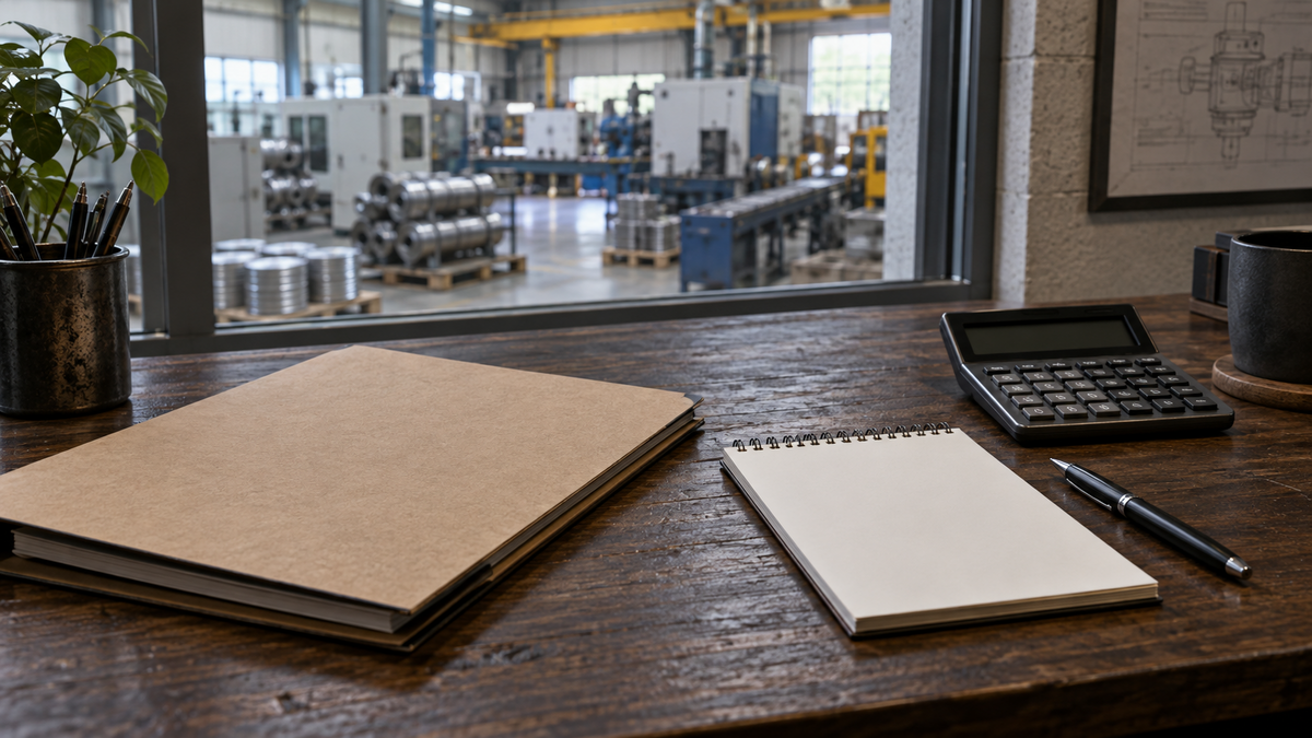 Planning documents and calculator overlooking a manufacturing floor