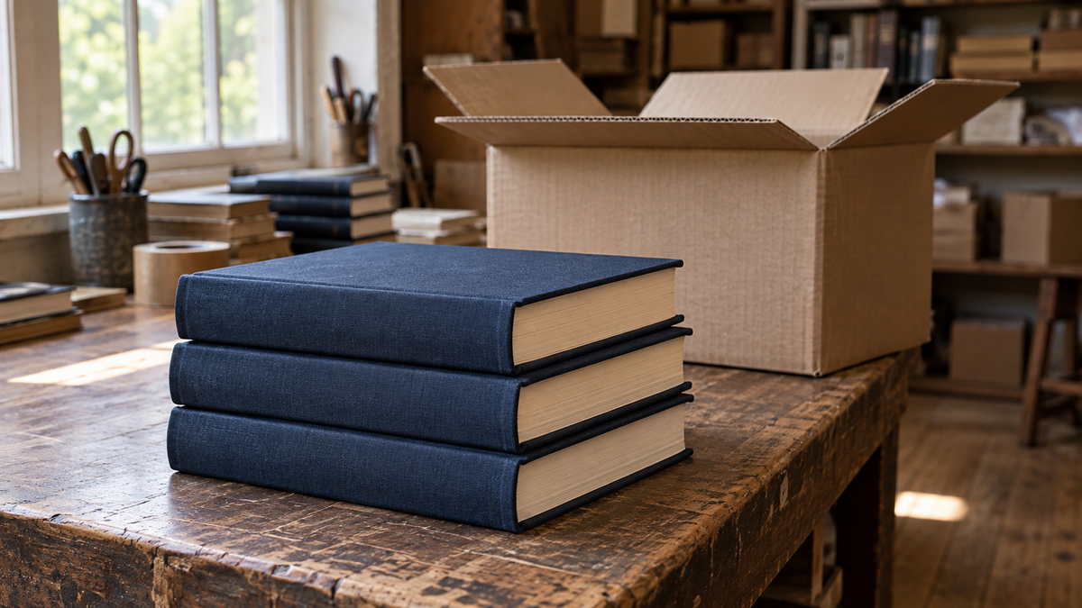 Blue clothbound books beside an open dispatch carton on a packing bench