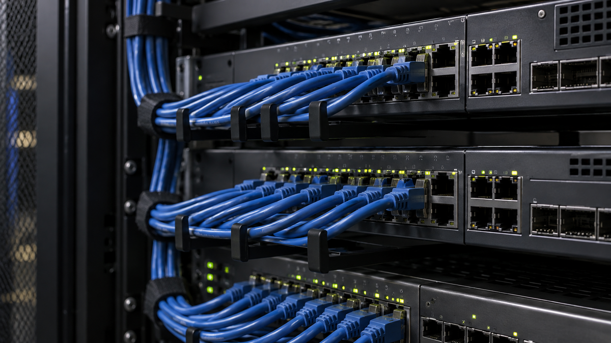 Порты сетевого коммутатора и аккуратно проложенные кабели Ethernet