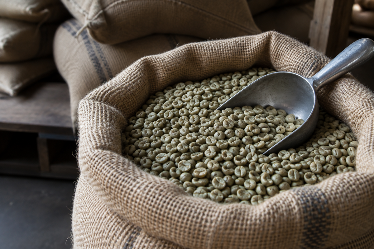 Green coffee beans in an open jute sack with a metal sampling scoop