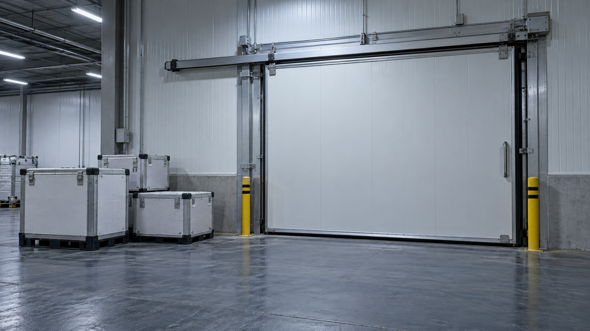 Closed insulated warehouse door beside transport crates