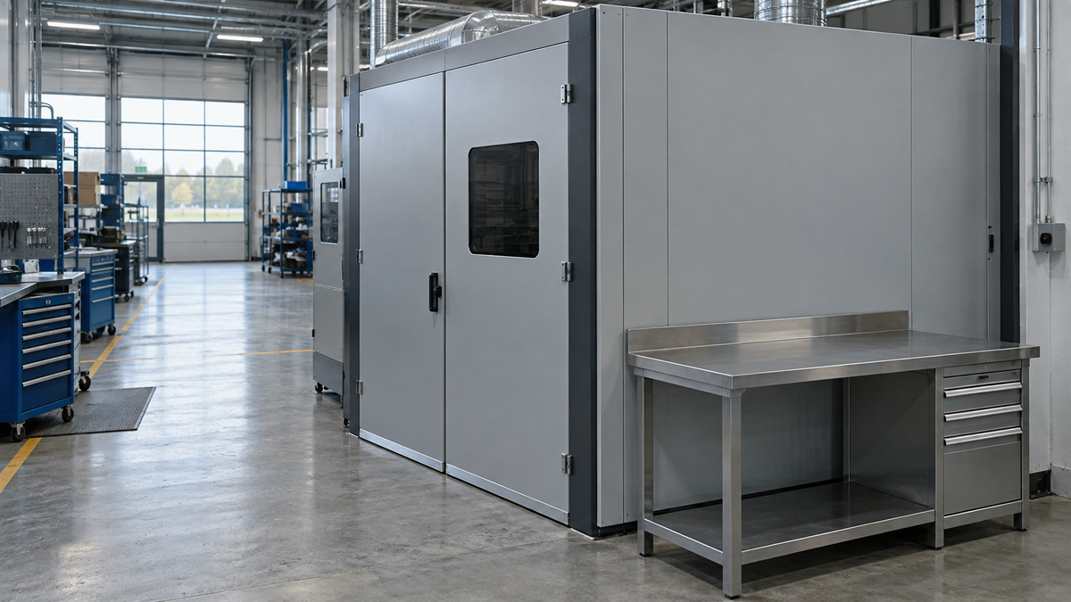 Enclosed industrial workstation beside an empty workbench