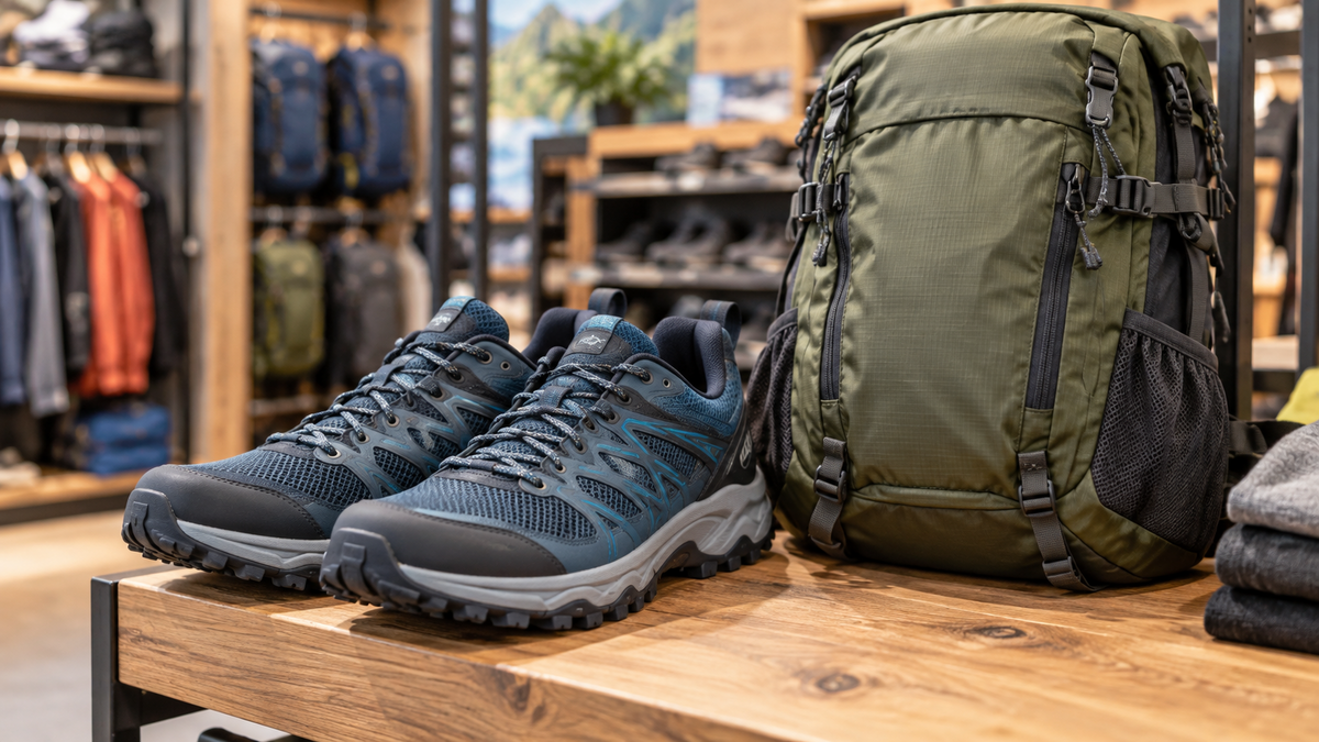 Unbranded trail shoes and a hiking pack in a sports shop