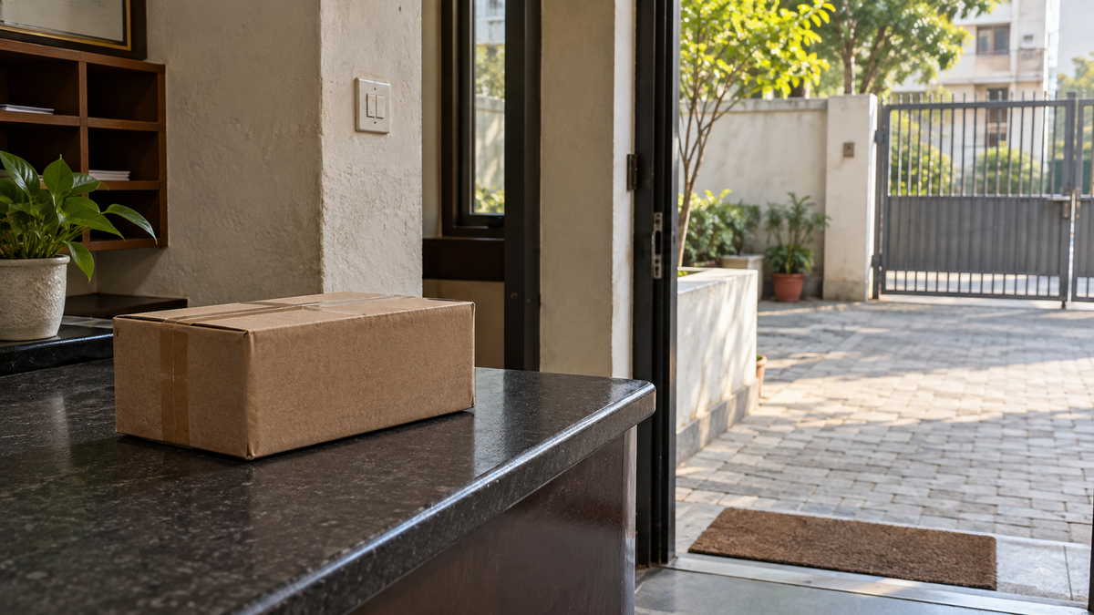 A parcel on a reception counter beside a courtyard entrance