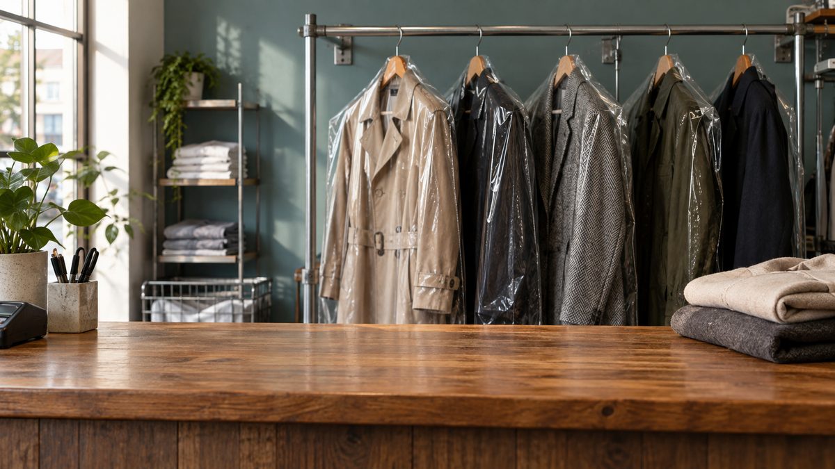 Coats and jackets on a rail behind a garment-service counter