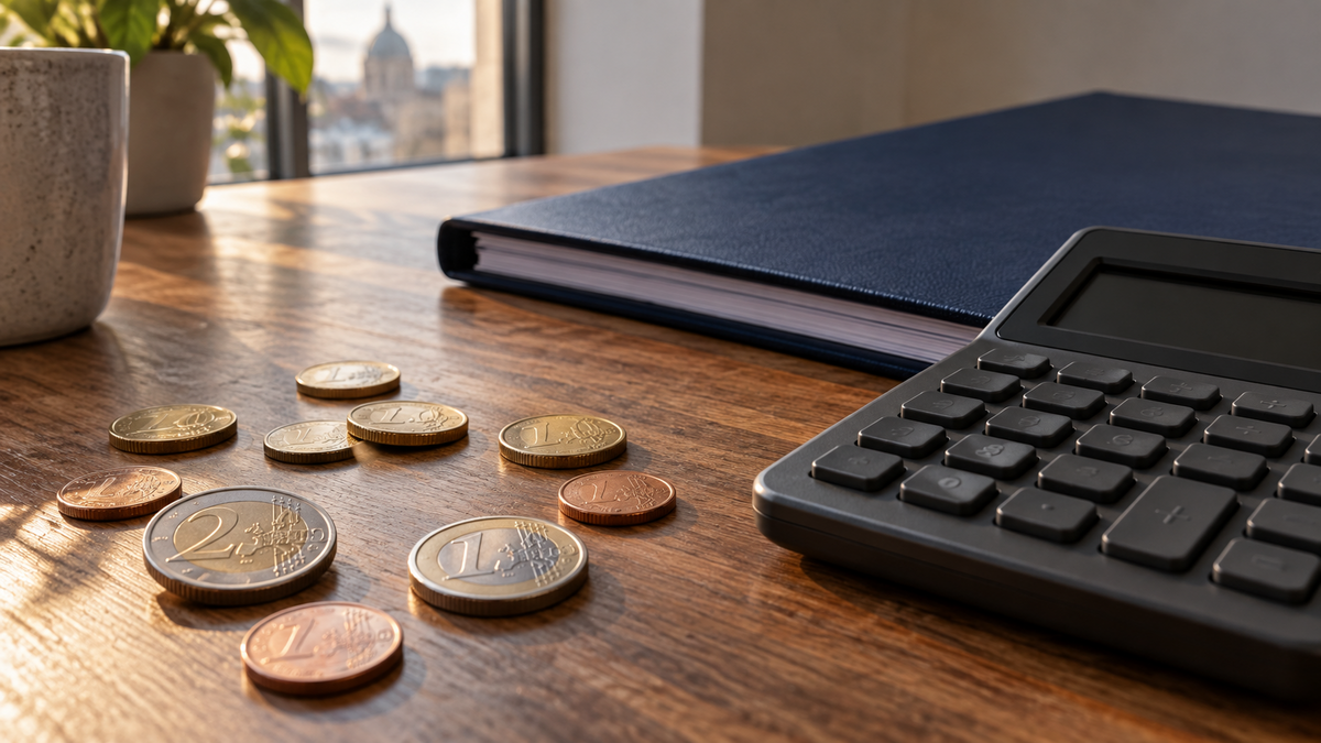 Euro coins beside a calculator and closed finance folder