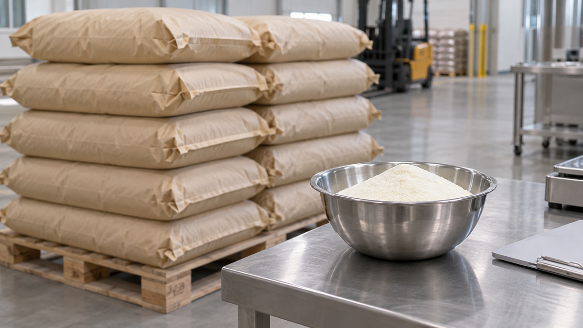 Sealed milk-powder sacks on a food-export pallet