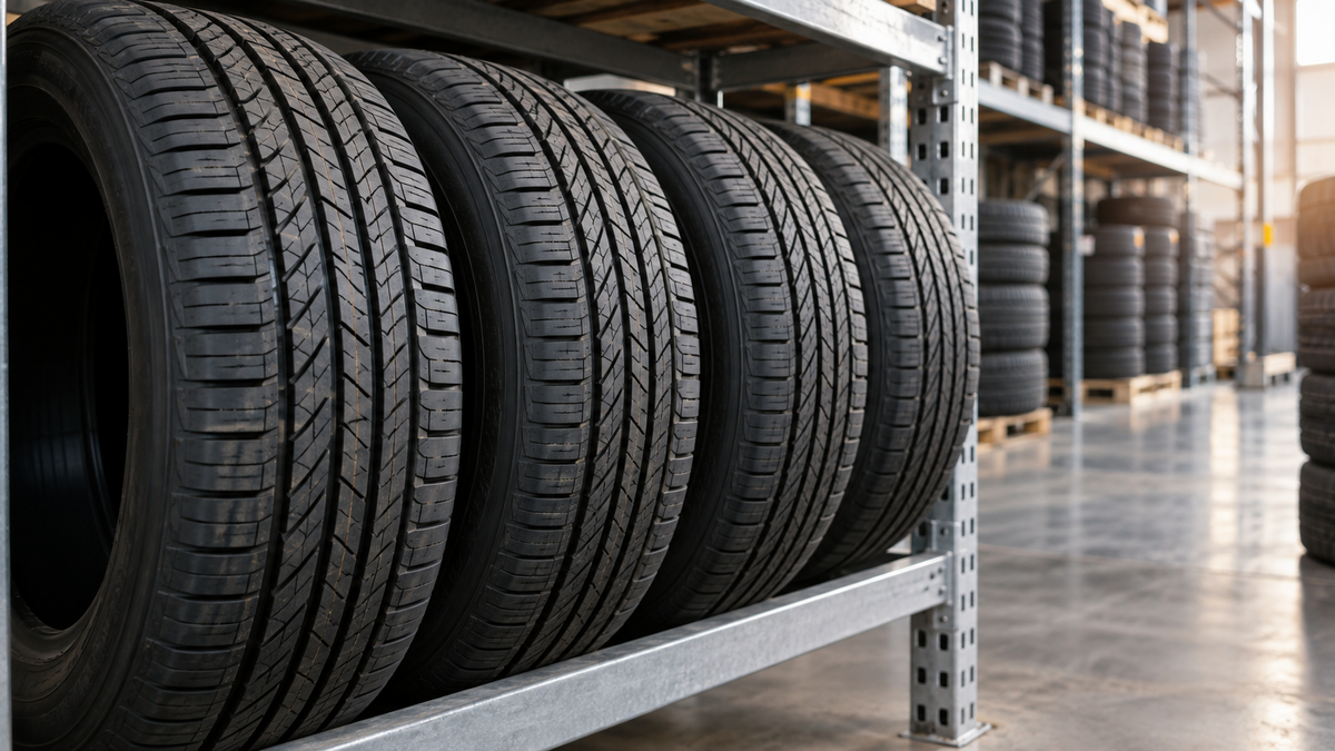 Passenger-car tyres arranged on a storage rack