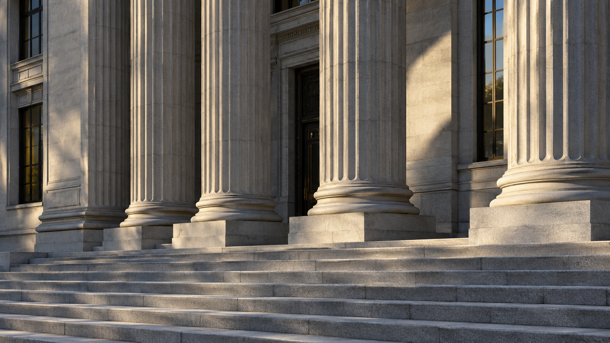 Stone columns and steps at a financial-district building