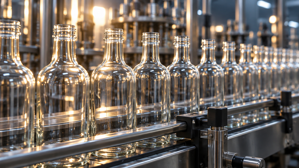 Clear glass bottles on a food-packaging production line