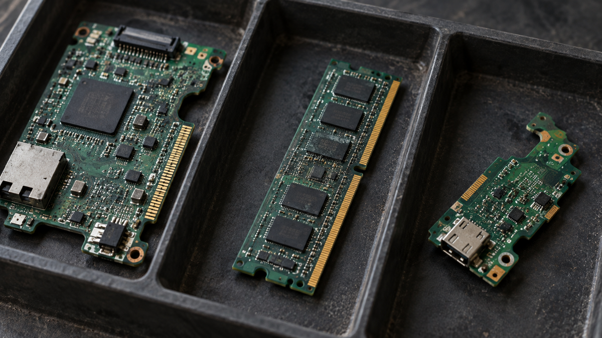 Circuit boards with gold-coloured contacts in a sorting tray
