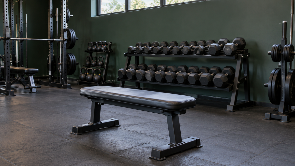 A workout bench and dumbbell rack in a gym strength-training area
