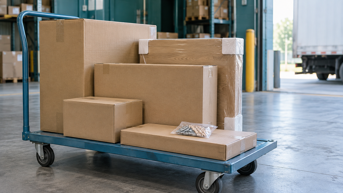 Flat-packed furniture components grouped for dispatch