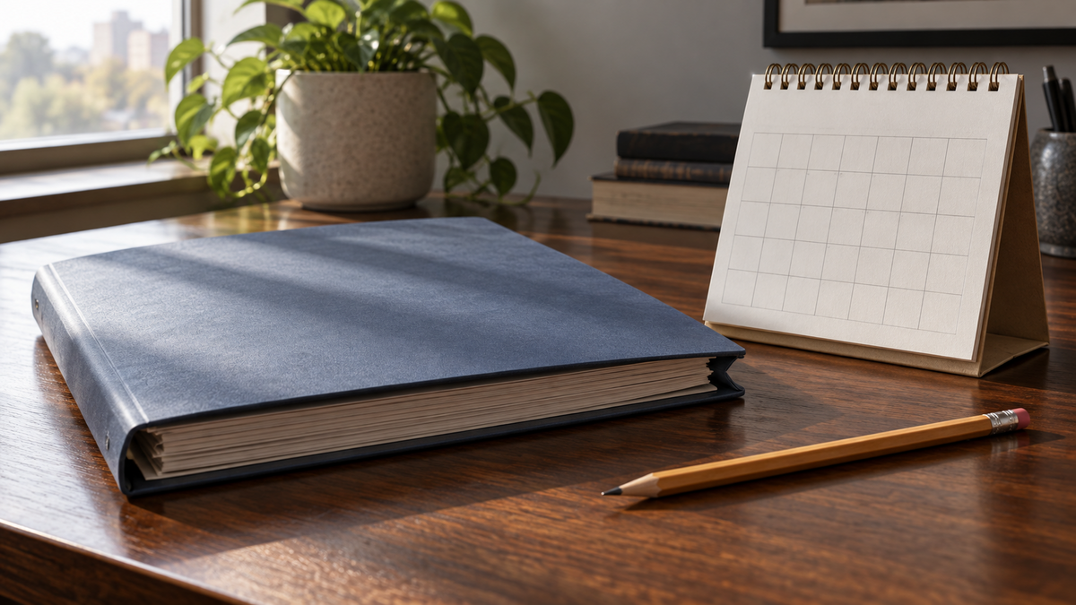 Closed forecast folder beside an unmarked desk calendar and pencil
