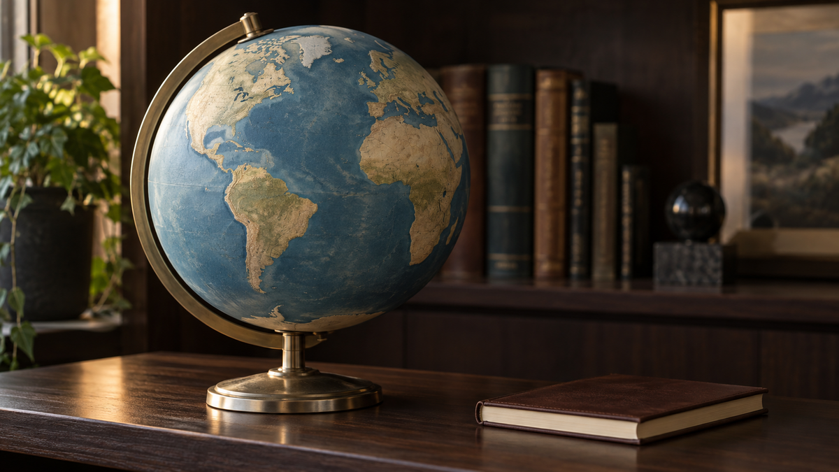 Terrestrial globe beside a closed notebook for world economic analysis