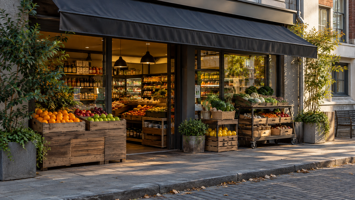Neighbourhood grocery with produce displayed beneath an awning