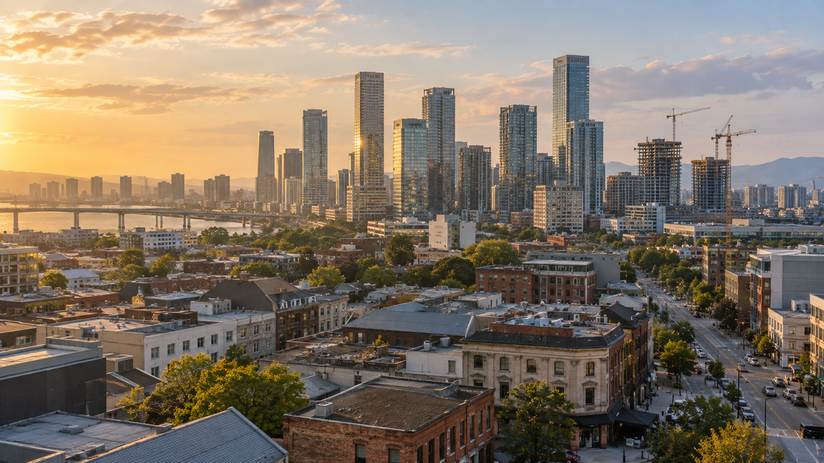 Low-rise buildings, modern towers and construction cranes in an urban district