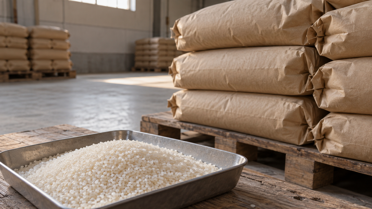 Rice sample and stacked sacks in a warehouse