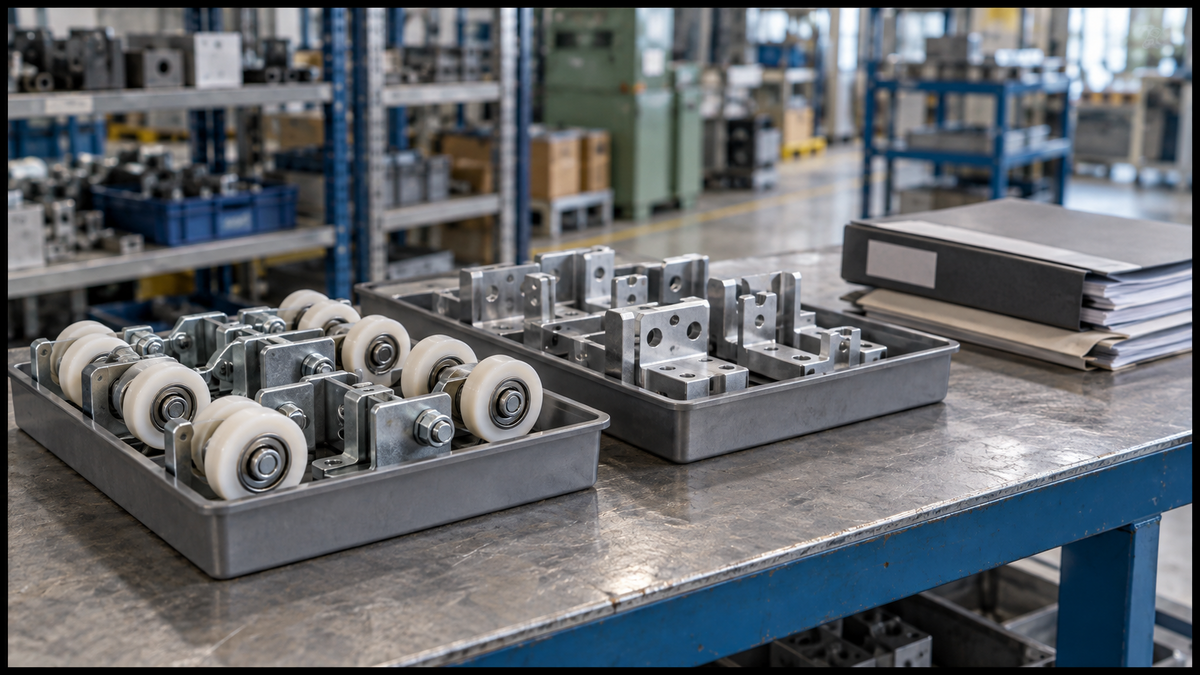 Roller assemblies and metal brackets sorted into trays beside production records