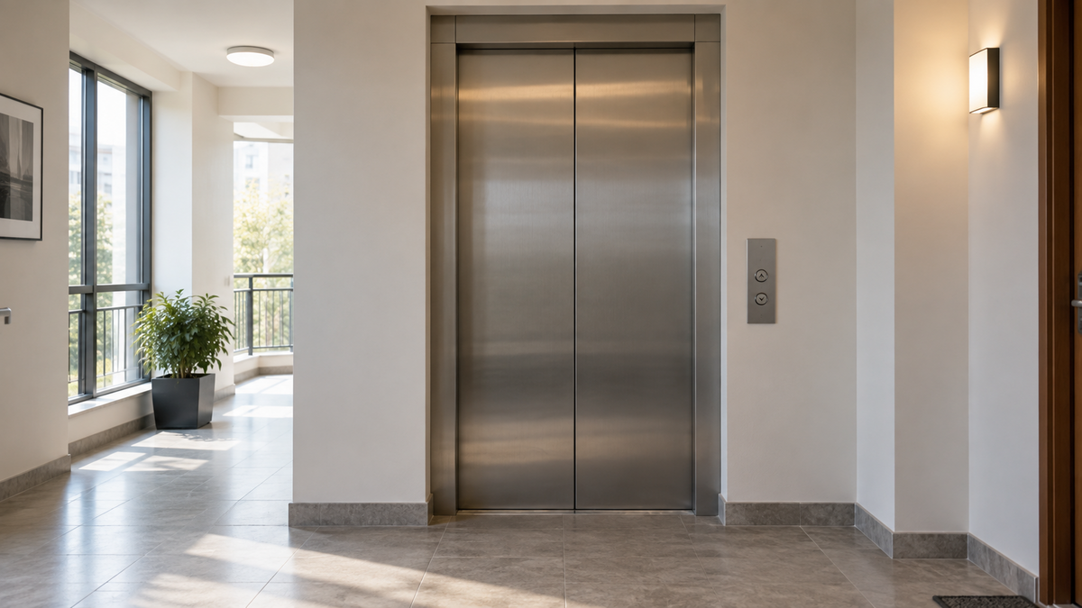 Closed lift doors and call panel in a residential building