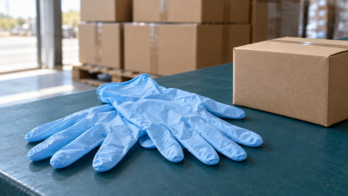 Blue rubber gloves beside a carton on a packing surface