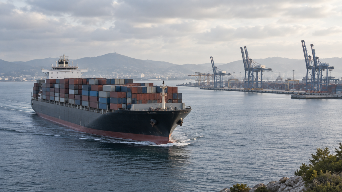 Container ship approaching a commercial harbour