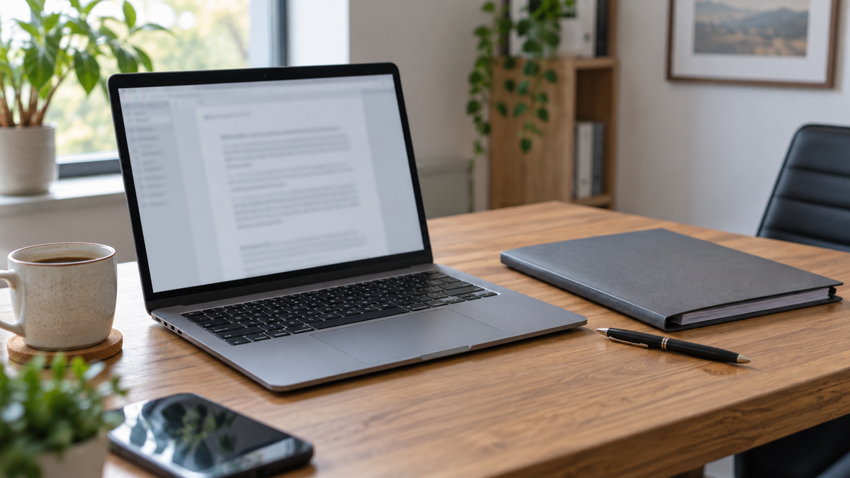 Laptop, document folder and pen on a professional desk