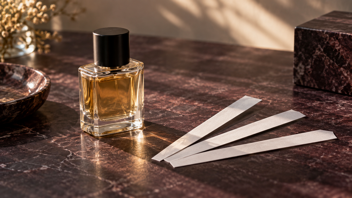 An unbranded perfume bottle and three scent blotters on a dark tabletop