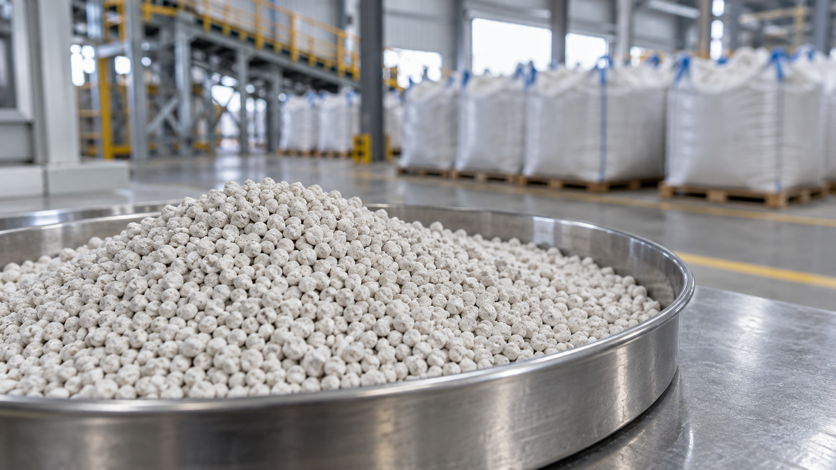 Pale fertilizer granules in a metal tray with bulk bags behind