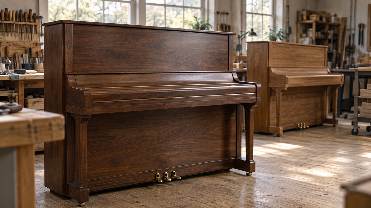Wood-finished upright pianos in an instrument workshop