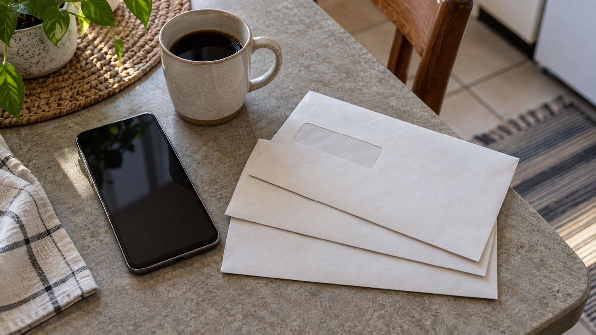 Smartphone beside household billing envelopes