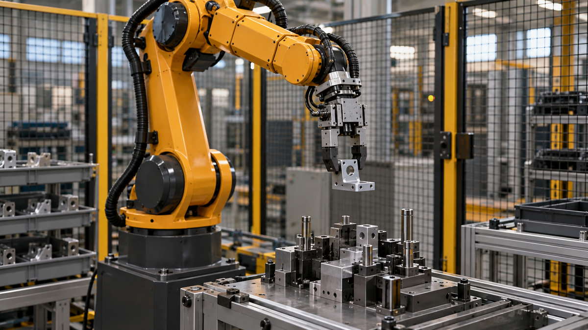 Industrial robot positioning a metal component at an assembly station