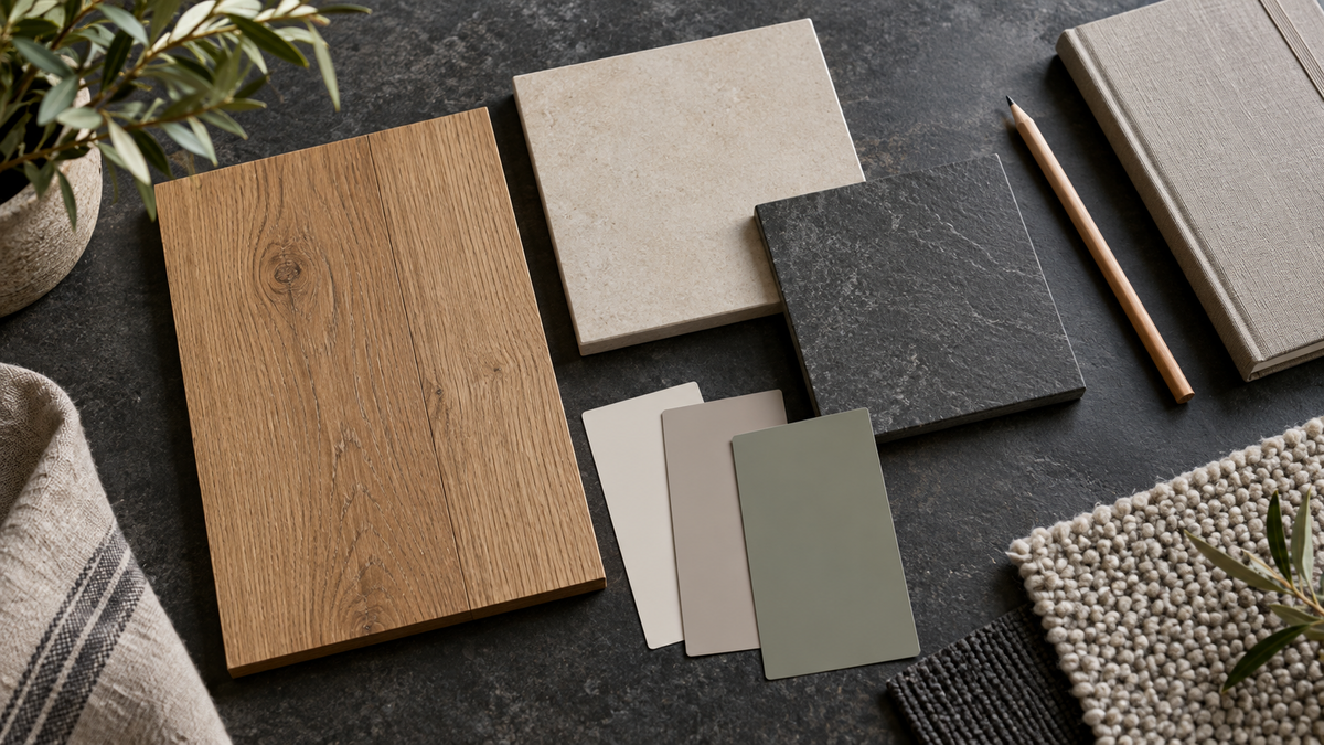 Wood, tile and colour samples for selecting renovation finishes
