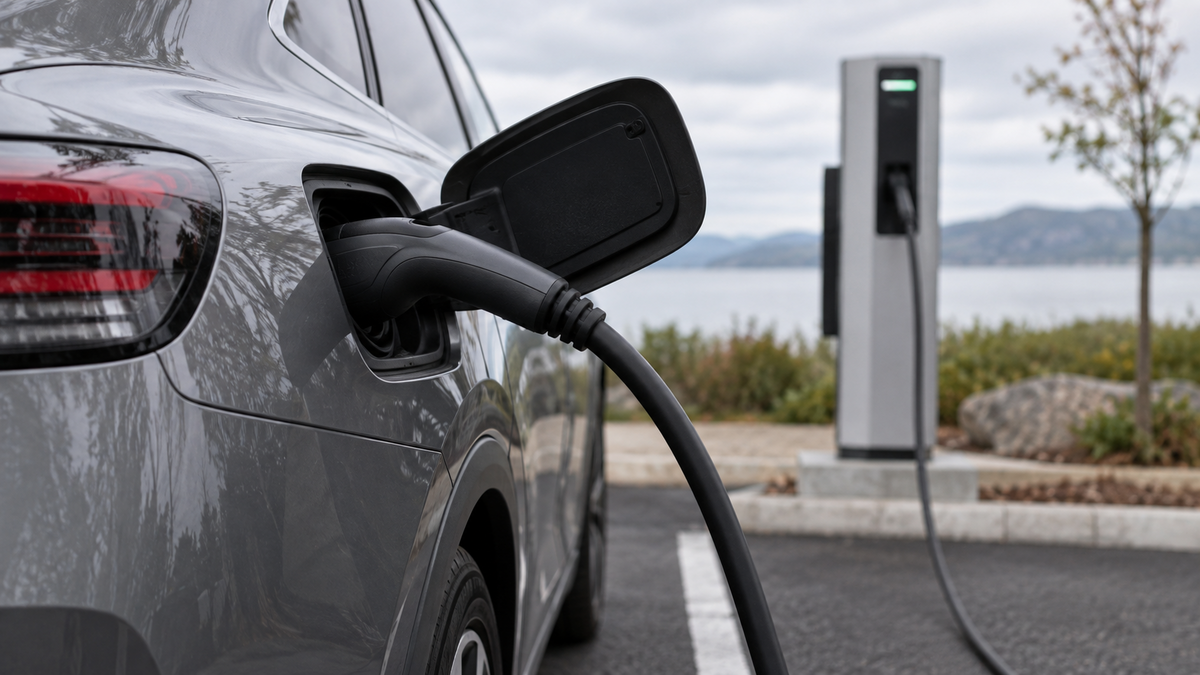 Electric vehicle connected to a public charging post