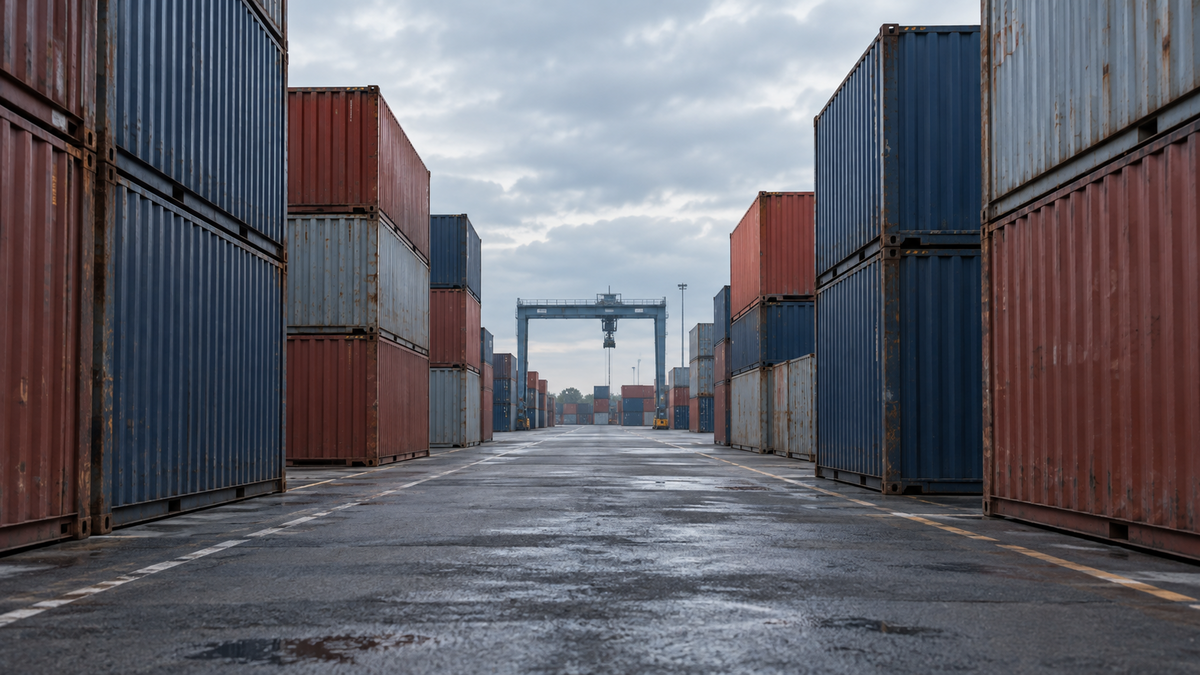 Stacked freight containers beside an empty terminal aisle