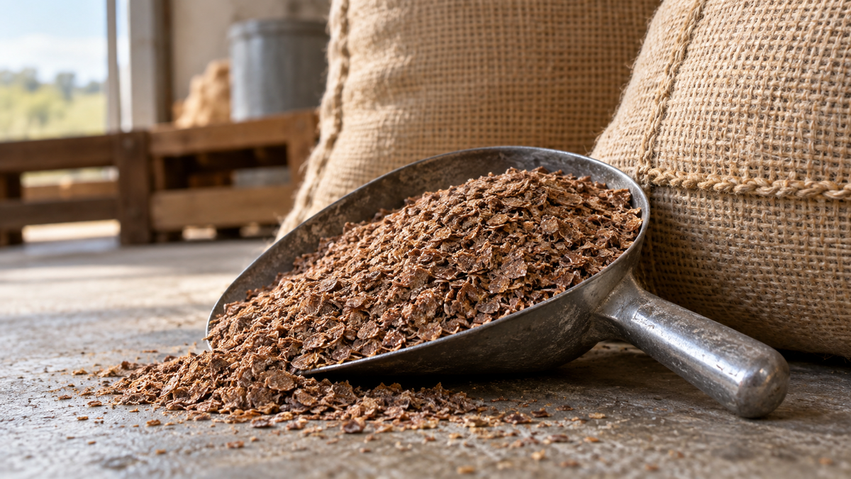 Flax meal beside oilseed-processing sacks