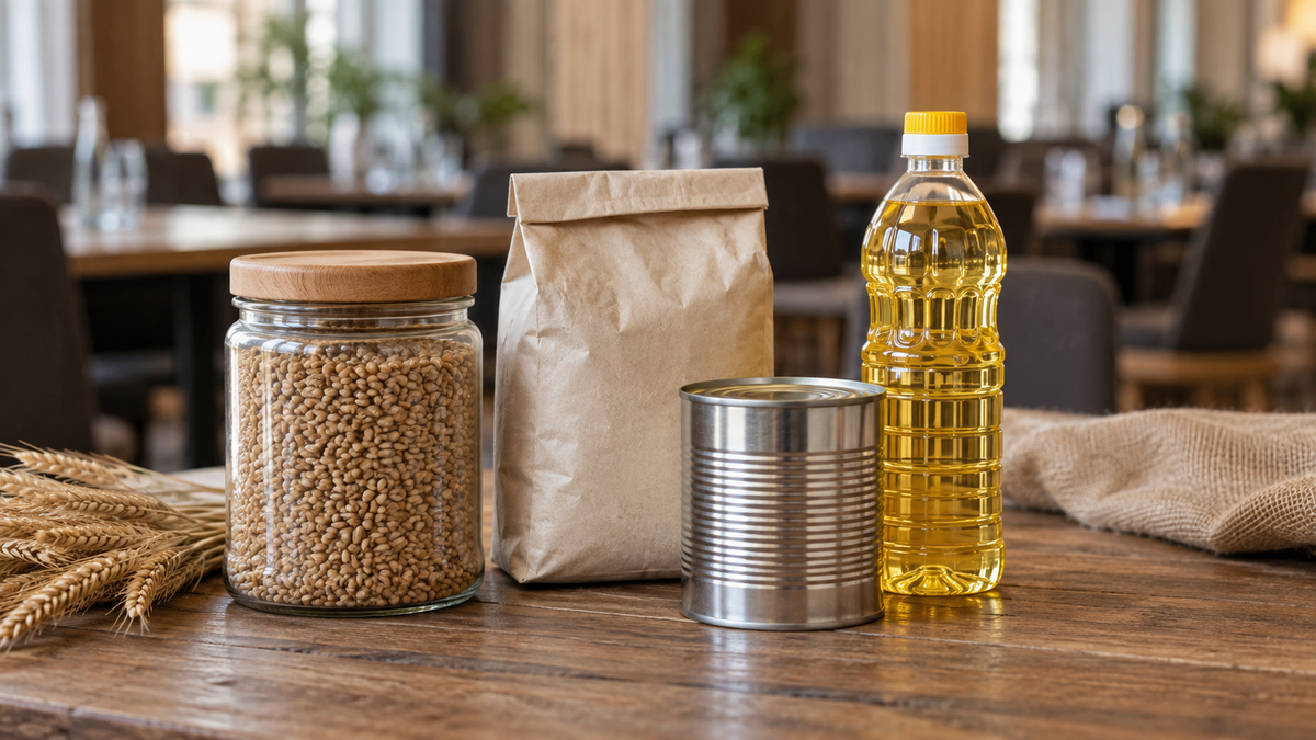 Packaged food samples arranged for a business presentation