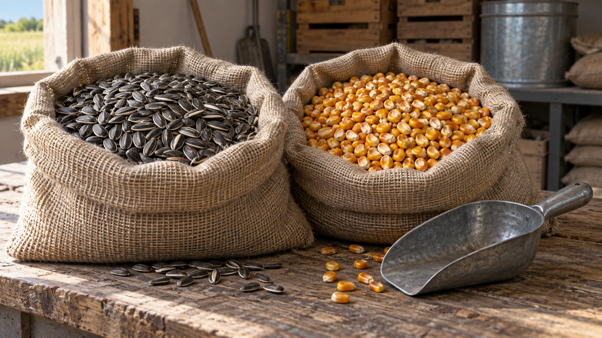 Sunflower seeds and maize kernels in sacks beside a scoop
