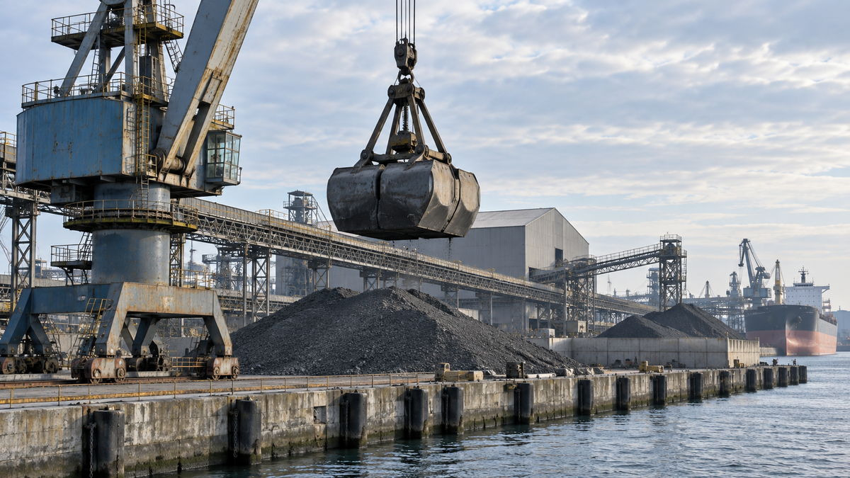 Dry-bulk cargo crane and storage piles at a port