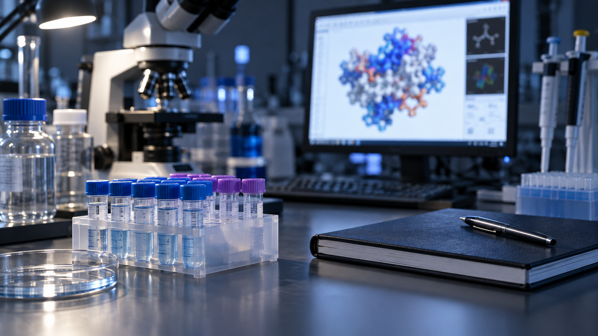 Sample tubes and molecular visualization at a laboratory workstation